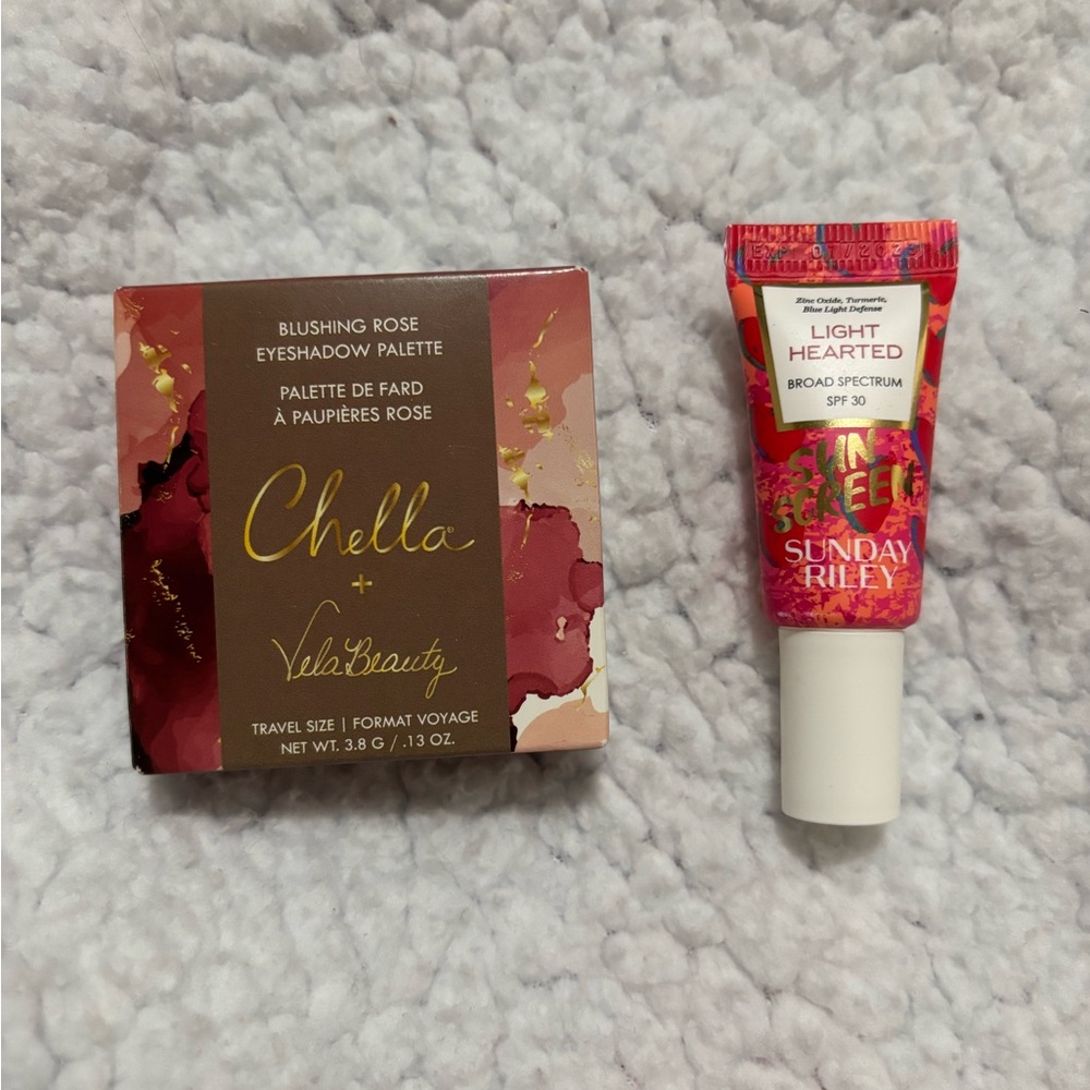 NWT Chella Blushing Rose Eyeshadow Palette & Sunday Riley Light Hearted SPF 30